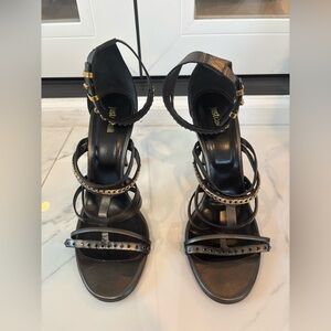 Just Cavalli Black Strappy Heeled Sandals with Gold Chain